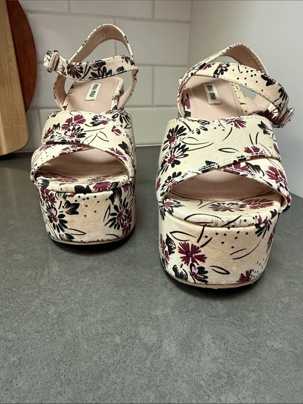 MIU MIU Platform Floral Sandals size 38.5 Cream/Purple/Black